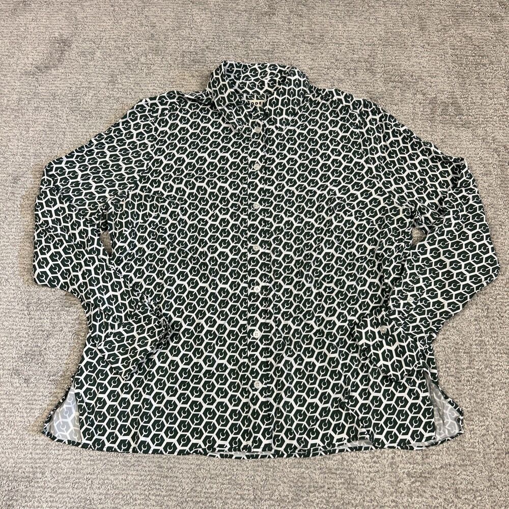 Boden Button Up Shirt Womens 14 Green White Stretch Long Sleeve Casual Office